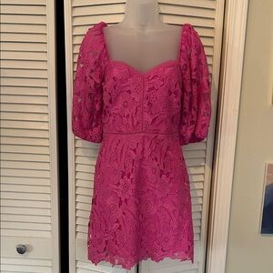 Lucy Paris Fuchsia Lace Mini Dress with Puff Sleeves